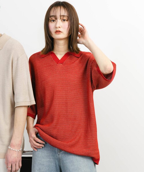 SENSE OF PLACE by URBAN RESEARCH(センスオブプレイスバイアーバンリサーチ)の「『ユニセックス』『洗濯可』ミックススキッパーニット(ニット/セーター・メンズ・L.BEIGE/OLIVE/RED・M/L)」の6枚目の写真