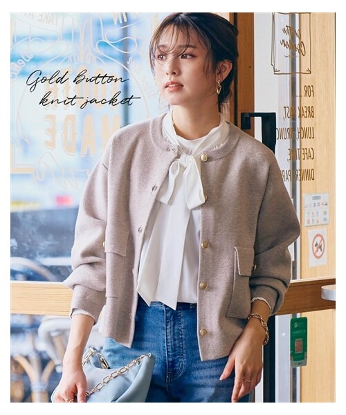 nissen（ニッセン）の「ゴールドボタンニットジャケット（ニット/セーター・レディース・杢グレー/ベージュ杢/黒・M/S/L/LL）」の5枚目の写真