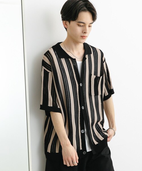 SENSE OF PLACE by URBAN RESEARCH(センスオブプレイスバイアーバンリサーチ)の「ストライプショートスリーブニットシャツ(ニット/セーター・メンズ・BLACK/GREIGE/MINT・M/L)」の9枚目の写真