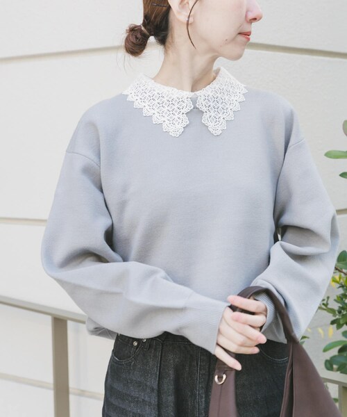 ITEMS URBANRESEARCH（アイテムズ アーバンリサーチ）の「衿レーススウェットライクニット（ニット/セーター・レディース・GRY/NVY/IVO・Free）」の12枚目の写真