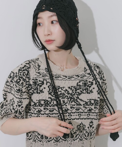 SMELLY（スメリー）の「フラワーデザインボンネット（ニットキャップ/ビーニー・レディース・IVO/BLK・-）」の9枚目の写真