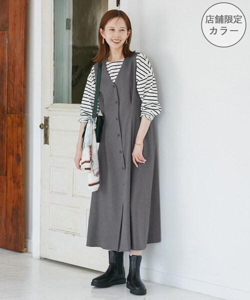 ROPE' PICNIC（ロペピクニック）の「ウエストタックジャンパースカート（ジャンパースカート・レディース・ブラック系/グレー/ライトグレー/ベージュ系/ネイビー・F）」の3枚目の写真