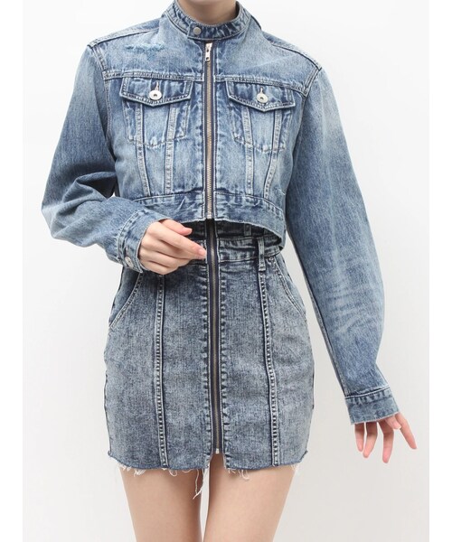 GYDA（ジェイダ）の「Symmery GYDA EMBOSSノーカラーデニムショートブルゾン（デニムジャケット・レディース・ブラック/ブルー/アイスブルー・F）」の6枚目の写真