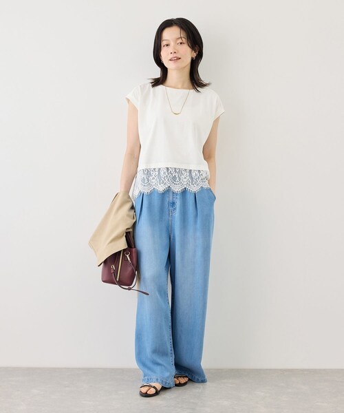 ROPE' PICNIC(ロペピクニック)の「レースドッキングフレンチスリーブトップス/UVカット・接触冷感・汗染み防止(Tシャツ/カットソー・レディース・ブラック/ホワイト/サックス/クリーム・F)」の14枚目の写真