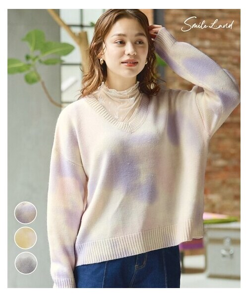 nissen（ニッセン）の「タイダイ柄Vネックニット（ニット/セーター・レディース・イエロー系/グレー系/ピンク系・L/LL/3L/4L/5L/6L/8L/10L）」の2枚目の写真