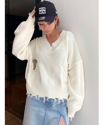 GYDA | ダメージショートVネックニットトップス(ニット/セーター)