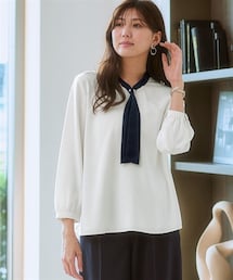 7days Life Styling | ストレッチパウダーサテン配色ボウタイブラウス（しわになりにくい・速乾・洗濯機OK・UVカット）<大きいサイズ有>(シャツ/ブラウス)