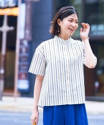 nissen | 大きいサイズゴールドボタンマルチストライプバンドカラーシャツ(シャツ/ブラウス)