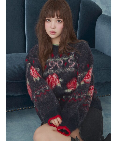 CALNAMUR（カルナムール）の「ローズ＆リボンジャガードニット（ニット/セーター・レディース・ホワイト/グレー/ネイビー・F）」の3枚目の写真