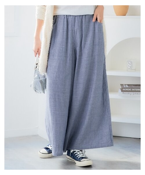 nissen（ニッセン）の「＜大きいサイズ＞綿１００％ダブルガーゼガウチョパンツ（ゆったりヒップ）（パンツ・レディース・ギンガムチェック/黒/ネイビーストライプ・L/LL/3L/4L/5L/6L/8L/10L）」の7枚目の写真