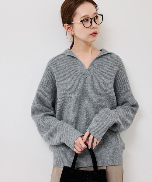 ROPE' PICNIC(ロペピクニック)の「スキッパーポロニットプルオーバー/イージーケア(ニット/セーター・レディース・グレー/オフホワイト/ダークグリーン/ネイビー・F)」の9枚目の写真
