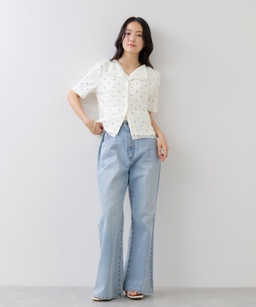 VIS(ビス)の「ドット&無地 レースドッキングレイヤード風リブカットソー(Tシャツ/カットソー・レディース・オフホワイト/ネイビー/サックス・F)」の8枚目の写真