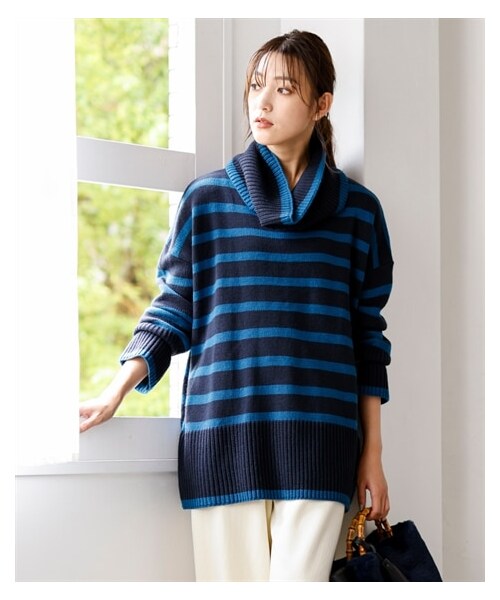 nissen（ニッセン）の「大きいサイズプチスヌード付ゆるシルエットボーダーニットプルオーバー（ニット/セーター・レディース・キナリ×黒/黒×オフホワイト/カーキ×ネイビー/ネイビー×ブルー・L~LL相当/3L~4L相当/5L~6L相当/8L相当/10L相当）」の15枚目の写真