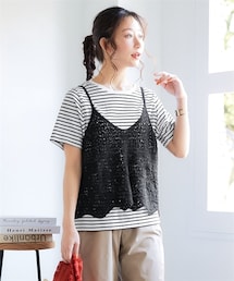 nissen | ＜大きいサイズ＞2点セット（カギ針編風キャミソール＋Tシャツ）(Tシャツ/カットソー)