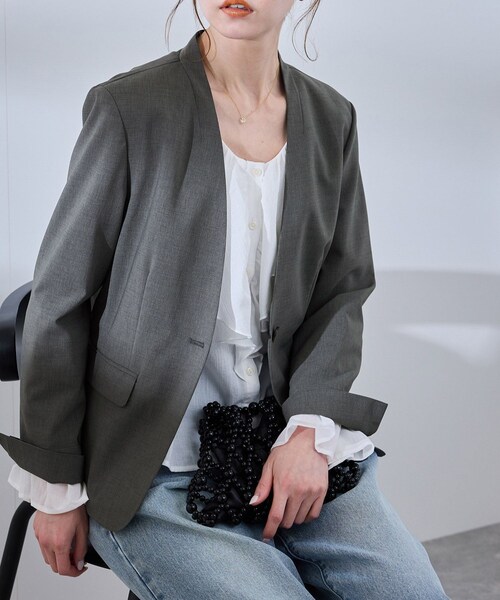 ROPE' PICNIC（ロペピクニック）の「【UV対応】【リネンライク・シリーズ】ノーラペルジャケット/通勤・セットアップ対応（ノーカラージャケット・レディース・グレー/グレー系/ダークブラウン/ネイビー・36/38/40）」の2枚目の写真