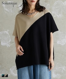 Soiunique | 斜め配色デザインゆったりサイズ半袖ニットトップス ［Soiunique］(ニット/セーター)