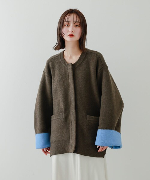 SENSE OF PLACE by URBAN RESEARCH(センスオブプレイスバイアーバンリサーチ)の「バイカラーニットコート(テーラードジャケット・レディース・GRE×YEL/RED×GRE/PPL×C.GRY/MOC×BLU・one)」の8枚目の写真