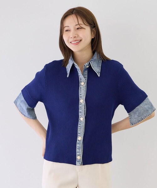 Jayro(ジャイロ)の「デニムドッキング半袖カーディガン(カーディガン/ボレロ・レディース・ブラック/チャコール/ライトグレー/ベージュ/ネイビー・M)」の5枚目の写真