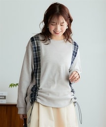 nissen | ＜大きいサイズ＞縦チェック切替シャーリングワッフルトップス(Tシャツ/カットソー)