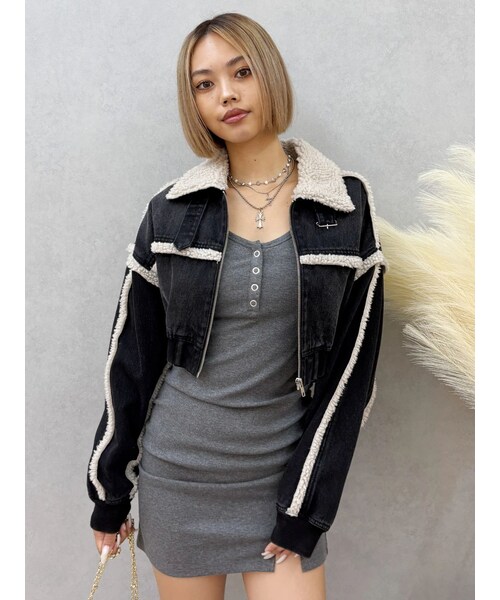 EVRIS（エヴリス）の「デニムボアブルゾン【セットアップ着用可能】（デニムジャケット・レディース・ブラック/インディゴ・F）」の4枚目の写真