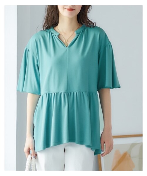 nissen（ニッセン）の「大きいサイズ 汗染みしにくいペプラム切替チュニック（UVカット・抗菌防臭・接触冷感）（チュニック・レディース・ピーナッツベージュ/ターコイズ/チャコールグレー・L/LL/3L/4L/5L/6L/8L/10L）」の18枚目の写真