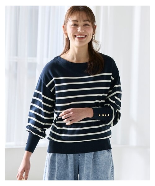 nissen（ニッセン）の「＜大きいサイズ＞ゆるシルエット綿混ボーダーニットプルオーバー（ニット/セーター・レディース・ネイビー×オフホワイト/オフホワイト×黒・L~LL/3L~4L/5L~6L/8L/10L）」の11枚目の写真