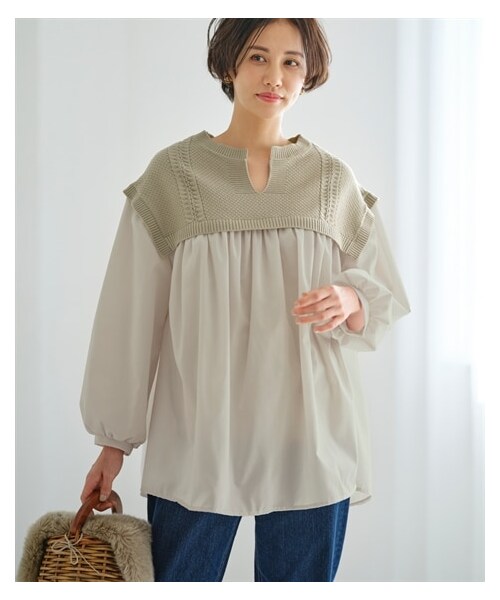 nissen（ニッセン）の「ニット切替異素材使いチュニックブラウス【Otona Purete】（シャツ/ブラウス・レディース・杢グレー×オフホワイト/グリーン×ライトグレージュ・M/L/LL/3L）」の10枚目の写真