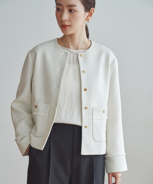 URBAN RESEARCH（アーバンリサーチ）の「ノーカラーツイードジャケット（ノーカラージャケット・レディース・OFF WHITE/BLACK MIX・Free）」の7枚目の写真