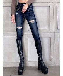 GYDA | ハイウエストバッククロスダメージスキニーデニムパンツ(デニムパンツ)