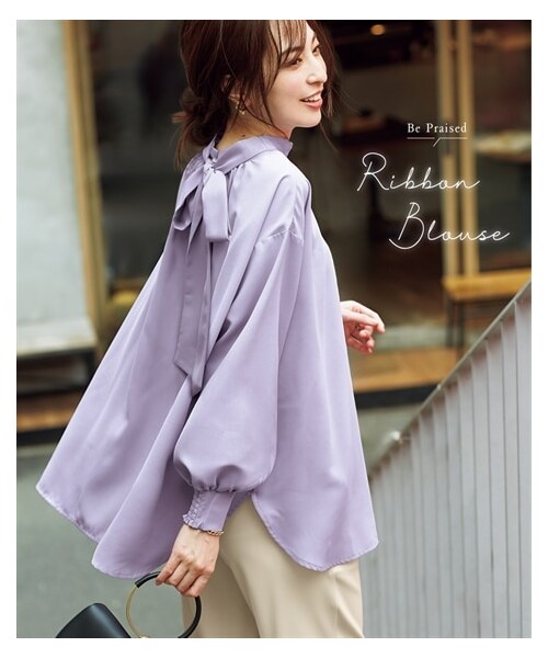 nissen（ニッセン）の「スタンドカラーリボンロング丈ブラウス（シャツ/ブラウス・レディース・ブルーライラック/ピンク/オフベージュ/黒/オフホワイト・S/M/L/LL/3L/4L/5L/6L）」の4枚目の写真