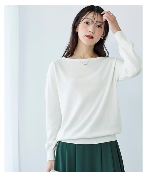 nissen（ニッセン）の「洗えるＵＶカット綿１００％ボートネックニット＜大きいサイズ有＞（ニット/セーター・レディース・黒/杢グレー/オフホワイト/グレージュ/アイスブルー杢/ライムイエロー/モーブグリーン/チャコールグレー杢/パープル/オーキッドピンク/ソフトライム・S/M/L/LL/3L/4L/5L/6L/8L/10L）」の2枚目の写真