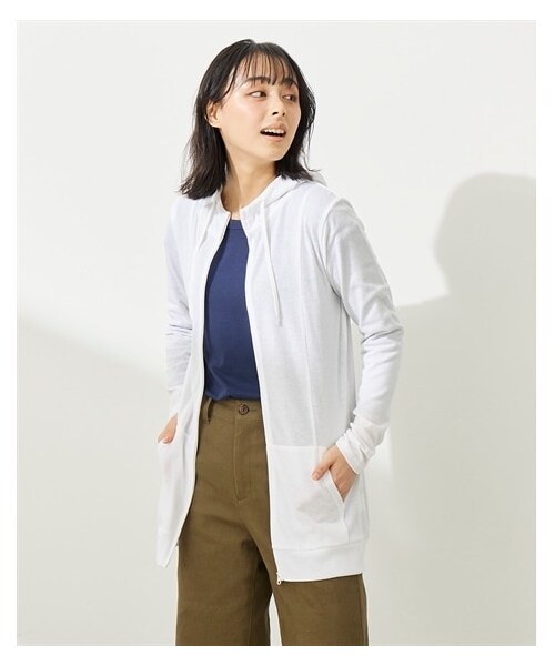 nissen（ニッセン）の「１２分袖綿混うすカルロング丈パーカー（ＵＶカット・吸汗速乾・抗菌防臭・毛玉防止）＜大きいサイズ有＞（パーカー・レディース・ソフトグリーン/ソフトピンク/オフホワイト/杢ネイビー/黒/プラムパープル(NET限定色)/ライトベージュ(NET限定色)/ライラック/ベビーピンク/サンドベージュ/ソフトカーキ/杢チャコールグレー/スモーキーグリーン/バーガンディ/テラコッタ/グレーベージュ系ボーダー/オフホワイト×黒・L/LL/3L/4L/5L/6L/8L/10L/S/M）」の13枚目の写真