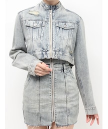 GYDA | Symmery GYDA EMBOSSノーカラーデニムショートブルゾン(デニムジャケット)