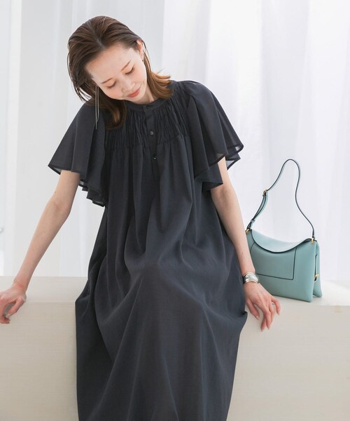 フレアスリーブウエストベルトワンピース