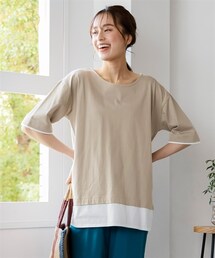 nissen | 大きいサイズ　綿１００％汗染みしにくい５分袖重ね着風オーバーサイズＴシャツ（フェイクレイヤード）(チュニック)