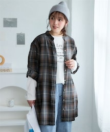 ＜大きいサイズ＞さらっと羽織れるチェック柄スキッパーシャツチュニック