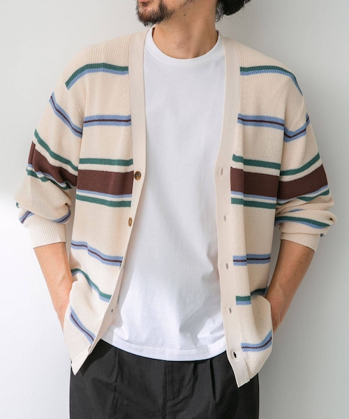 URBAN RESEARCH Sonny Label（アーバンリサーチサニーレーベル）の「マルチボーダーニットカーディガン（カーディガン/ボレロ・メンズ・ネイビー/オフ/イエロー・M/L）」の2枚目の写真