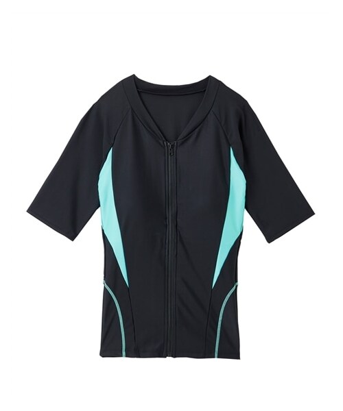 nissen（ニッセン）の「上下別売りフィットネス補整水着トップス　半袖（MU013・MU014）（水着・メンズ・ブラック×パープル/ネイビープリント/ブラック×ピンク/モダンフラワー/ピンク/グリーン/ピンク系・S/M/L/LL/3L/4L/5L/6L/8L/10L）」の4枚目の写真