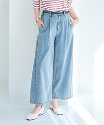 nissen | 大きいサイズ【すっきり魅せ設計】綿１００％アンクル丈デニムワイドパンツ（ゆったりヒップ）（選べる２レングス）(デニムパンツ)