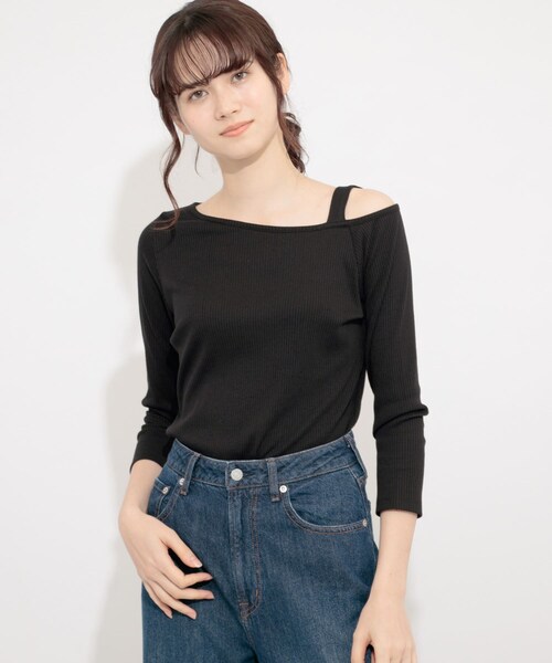 SENSE OF PLACE by URBAN RESEARCH（センスオブプレイスバイアーバンリサーチ）の「アシメネックリブトップ(7分袖)（Tシャツ/カットソー・レディース・BLACK/GREIGE/DUSTY PINK・FREE）」の4枚目の写真