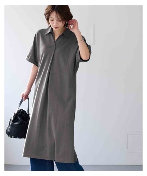 nissen（ニッセン）の「＜大きいサイズ＞涼やか美ラクRUタッチ５分袖フロントタックスキッパーゆったりロング丈ワンピース（接触冷感・抗菌防臭・UVカット・遮熱）（ワンピース・レディース・黒/チャコールグレー/グレージュ/オフホワイト×黒系ストライプ・L/LL/3L/4L/5L/6L/8L/10L）」の20枚目の写真