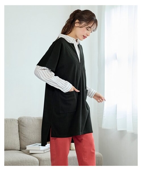 nissen（ニッセン）の「大きいサイズ 柔らかハニカムカットソーゆるロング丈ベスト（チュニック・レディース・ベージュ/黒/スモーキーブルー・L/LL/3L/4L/5L/6L/8L/10L）」の8枚目の写真