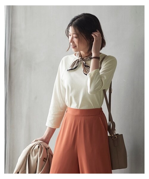 nissen（ニッセン）の「大きいサイズドライタッチ［シルケット加工］7分袖Tシャツ（Tシャツ/カットソー・レディース・グレイッシュブルー/オフホワイト/黒/モーブピンク・L/LL/3L/4L/5L/6L/8L/10L）」の3枚目の写真