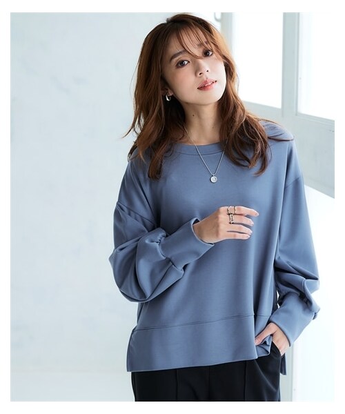 nissen（ニッセン）の「なめらかポンチ素材　サイドスリットプルオーバー（セットアップ可能）＜大きいサイズ有＞（Tシャツ/カットソー・レディース・黒/グレイッシュブルー/杢チャコールグレー/ディープグリーン/モカ/グレイッシュパープル/オフホワイト/グレージュ/パステルレモン・S/M/L/LL/3L/4L/5L/6L/8L/10L）」の8枚目の写真