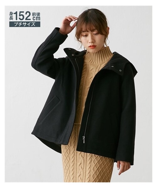 nissen（ニッセン）の「小さいサイズ　【軽やかストレッチ】ウール調ショート丈フーデッドコート（吸湿発熱中綿使用）　低身長さん・小柄女性（ジャケット/アウター・レディース・グレージュ/ブラック/サックス/モカ・PSS/PS）」の2枚目の写真