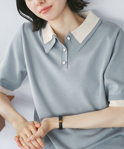 ROPE' PICNIC(ロペピクニック)の「【新色追加】バイカラーレイヤード風ニットポロシャツ(ポロシャツ・レディース・ブラック系/ホワイト系/ブラウン系/ダークグリーン/サックス・38)」の5枚目の写真