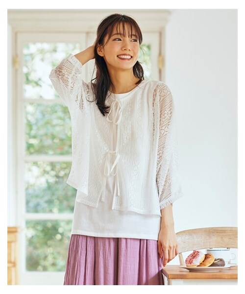 nissen（ニッセン）の「大きいサイズ　２点セット（７分袖レースゆるカーディガン＋タンクトップ）（カーディガン/ボレロ・レディース・オフホワイト/黒/ピーナッツ/ダスティブルー・L/LL/3L/4L/5L/6L/8L/10L）」の11枚目の写真