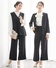nissen | 【レディーススーツ】ドビー素材セットアップパンツスーツ４点セット（ノーカラージャケット＋ジレ＋ブラウス＋セミワイドパンツ）<大きいサイズ有>(フォーマルスーツ/小物)