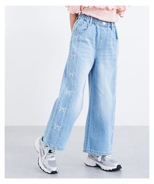 nissen（ニッセン）の「綿100％リボン刺しゅうデニムワイドパンツ（女の子）（パンツ・キッズ・ダークグレー/ライトブルー・120/130/140/150/160）」の8枚目の写真