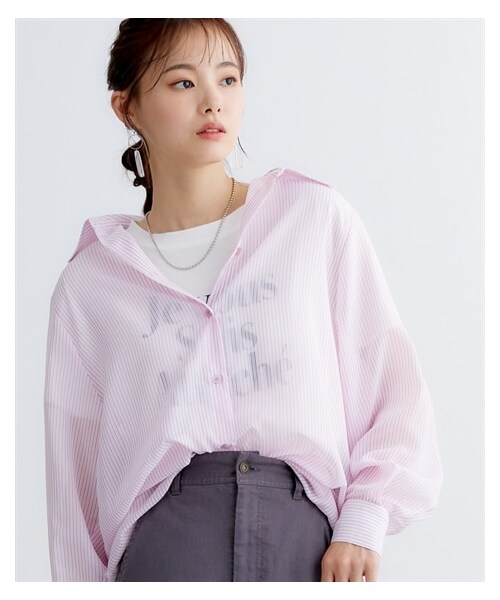 nissen（ニッセン）の「大きいサイズ　２WAYシアーストライプシャツ　miclat（シャツ/ブラウス・レディース・ネイビー系/ベージュ系/ピンク系・L~LL相当/3L~4L相当/5L~6L相当/8L相当/10L相当）」の12枚目の写真